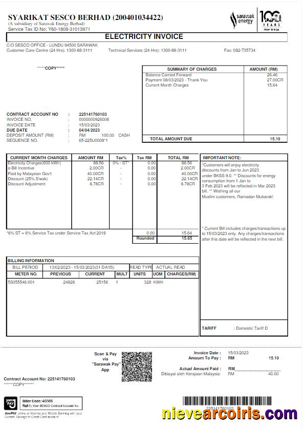 MALAYSIA SARAWAK ENERGY utility bill